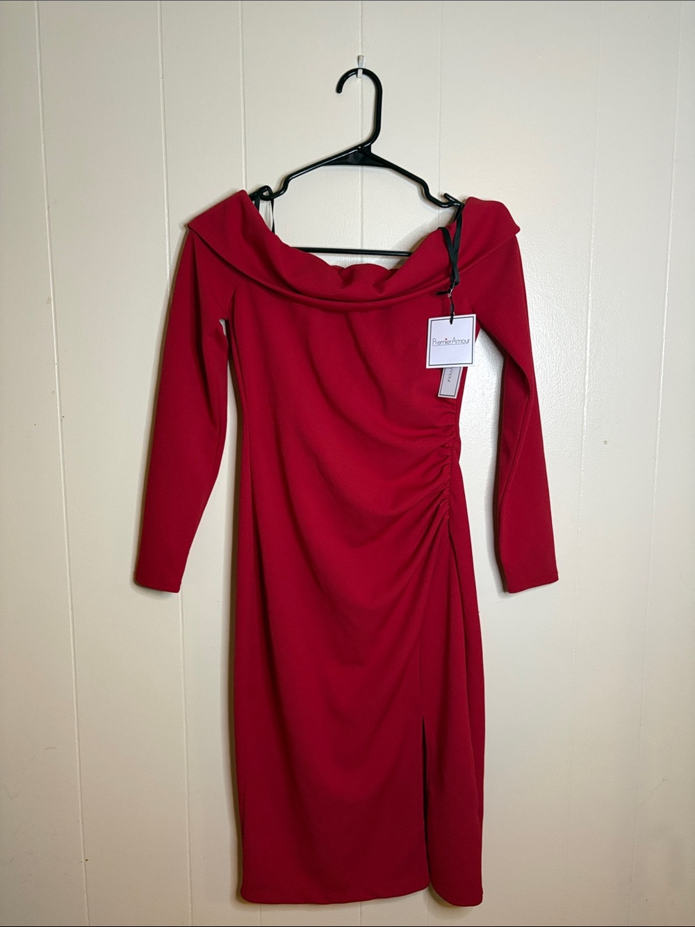 Premier Red Off-Shoulder Ruched Midi Dress
